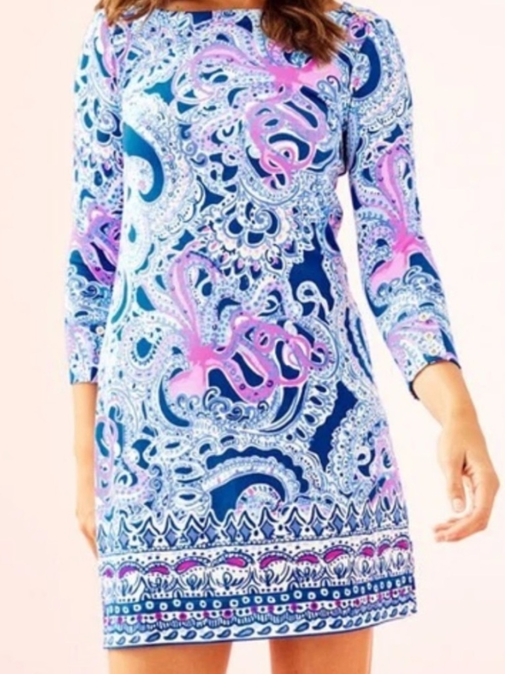 Lilly Pulitzer Womens 3/4 Length Sophie Shift Dress Blue Grotto Legga Sea Size S